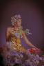 woman in a gold gown adorned with flowers, seated amongst a profusion of various blooms